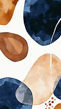 Modern abstract watercolor shapes in navy blue and burnt orange hues create an artistic and contemporary design, perfect