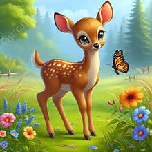 Adorable fawn through a lush green meadow, with a fluttering butterfly and a few flowers, cartoon style