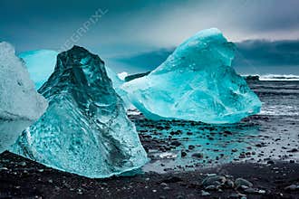 Ice on Black Sand Beach of Reynisfjara Iceland