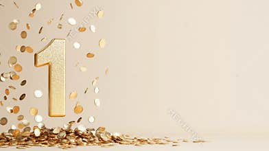 Golden number one with falling coins on a beige background, AI Generative