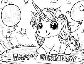 Kids will love this happy birthday coloring page with unicorns and balloons, ready to print on standard 8.5x11 inch