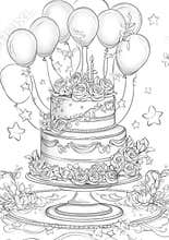 A printable A4 coloring sheet with a birthday cake and balloons