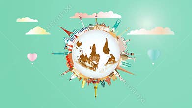 Travel landmarks around the world on green background.