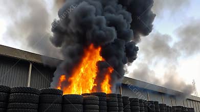 Tire fire with black smoke, environmental hazard, pollution danger, accident stock footage generative AI