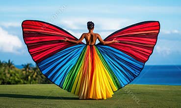 A woman in a rainbow butterfly gown stands gracefully on a green lawn, facing the ocean.