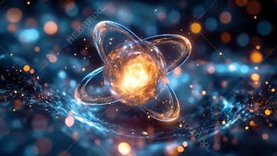 Quantum concepts illustrated through colorful representation of atom and particles. Generative AI