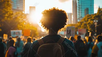 Engaged Crowd Gathers for Social Change at Sunset in Urban Setting. Generative AI