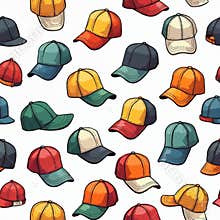 Colorful baseball caps seamless illustration pattern. Accessory for men, women. Hat design in vintage, trendy style. Headwear