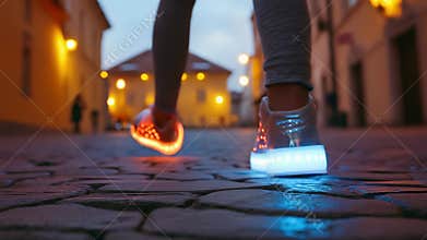 A person walking or standing while wearing shoes with lights, ideal for night scenes or futuristic settings