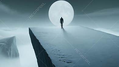 Solitude Figure walks towards the moon on a cliff edge above the clouds, a surreal landscape in grayscale tones