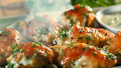 Cooked Chicken Wings with Sauce and Garnish