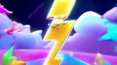 Vibrant Yellow Thunderbolt Flashing Amidst Pastel Clouds and Geometric Shapes on Dark Background High Angle View