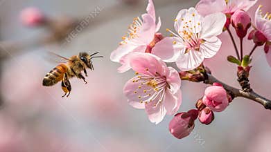 Honey bee flying in spring garden, cherry blossom