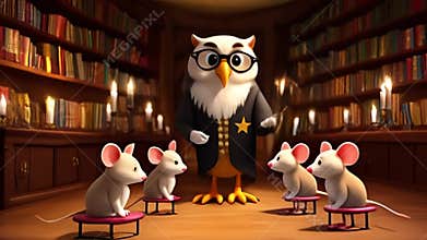 Scholarly Owl in Dark Suit Surrounded by Mice in Dimly Lit Library Featuring Book Shelves With Assorted Volumes and Illuminated