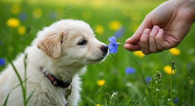 Cute puppy sniffing a wildflower from a hand. gentle spring meadow close-up.