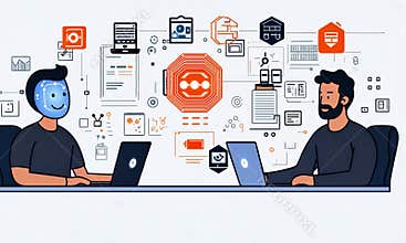 Two colleagues collaborate on digital projects