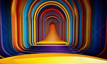 Colorful arched tunnel leading to a golden platform