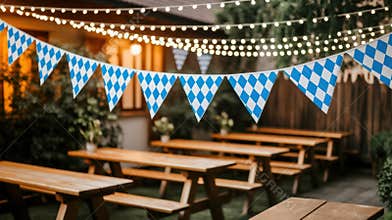 Blue and white lozenge bunting festoon, traditional garland with diamond Bavaria flag pattern. Oktoberfest festival
