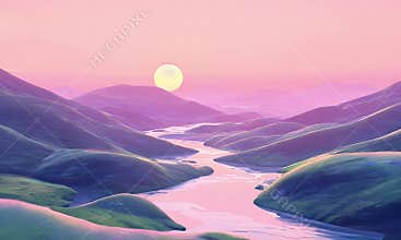 fantasy valley with rolling hills and crystal-clear river, under a pink sky