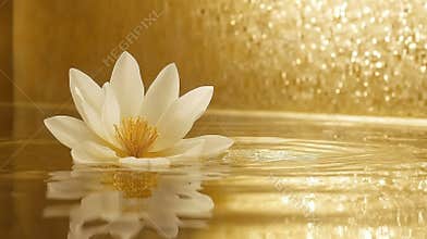 Golden Serenity A Lotus in Water with Reflection and Textured Gold Backdrop in a Calm Atmosphere