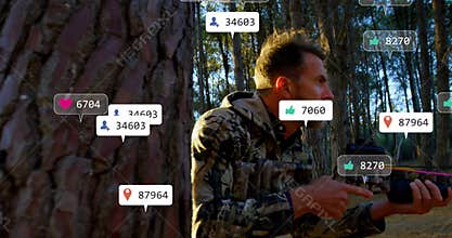 hunter crouching and aiming crossbow in pine forest, showing social media marketing icons