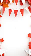 Festive autumn bunting and maple leaves on white background