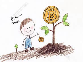 Cute cartoon of a child planting Bitcoin seeds into a growing tree