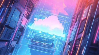 Cyber Cloud Amidst Neon Skyscrapers and data center concept . Ai generative