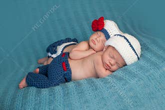 Newborn Twin Babies in Sailor Costumes