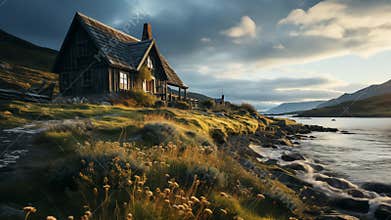 Rustic Coastal Cabin at Sunset ai generative