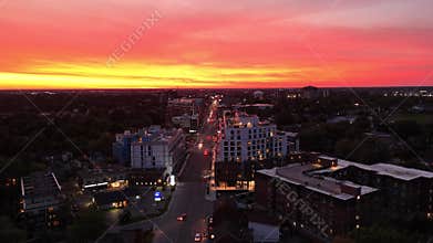 Aerial view of the downtown of Kingston city at sunset in Ontario, Canada