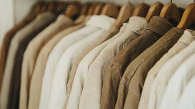 Neutral toned jackets arranged on wooden hangers in a closet displaying variety of fabrics and styles, AI Generative