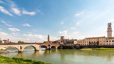 Timelapse cityscape on Adige river with 'Ponte Pietra' in Verona, Italy.