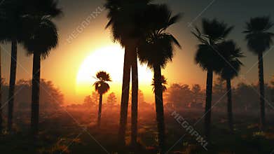 Fog glowing sun and palms