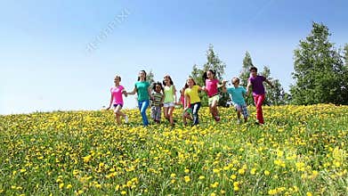 Happy kids run together in dandelion field