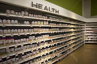 Vitamins Health, shop shelves. Pharmaceutical products