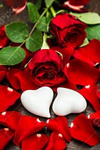 Red roses and two white hearts. Valentines Day or Wedding card