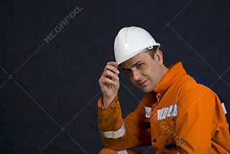 Miner saluting with copy space