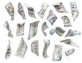 Set of Falling or Floating $100 Bills Each Isolated