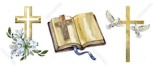 Hand drawn watercolor elements set of Christian religious symbols. Features a gold cross decorated with white lilies, an open old