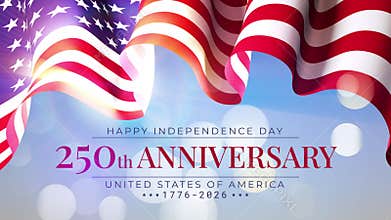 250th anniversary of the USA. 250 years of independence. Banner 4th of july usa independence day. Waving american flag, shining
