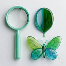 Collection of Glossy Science Icons Depicting a Magnifying Glass, Leaf Specimen, and Butterfly on a White Background