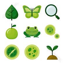 Collection of Flat Icons Representing Biology Class Items on a White Background Showcasing Various Natural Elements and
