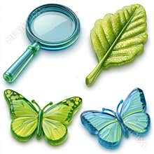 Glossy 3D Icons of Biology Items Featuring a Magnifying Glass, Leaf Specimen, and Butterfly on a White Background