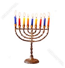 Jewish holiday Hanukkah background with menorah Burning candles isolated on white