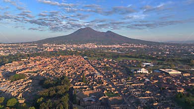 Aerial view of Pompeii Ruins. Pompeii is a large ancient Roman city, large-scale archaeological complex, Italy.