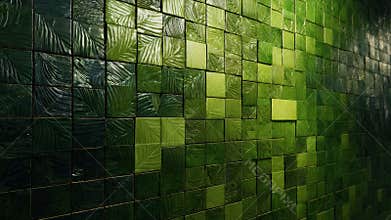 Textured green wall surface composed of small square tiles with a repeating leaf pattern creating an organic natural design and