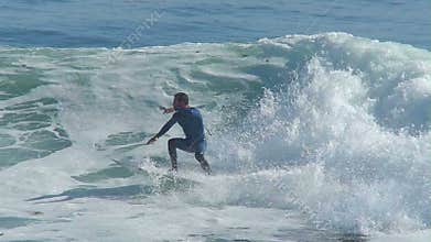 Man Surfing a Wave in California in Slow Motion