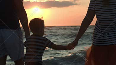 Family looking at sunset holding hands