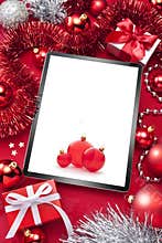 Tablet Computer Red Christmas Background